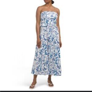 RACHEL ZOE White/navy Strapless Tie Belt Maxi Dress